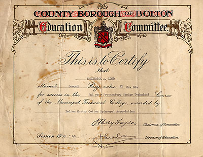 Allan's Bolton Municipal Technical College Certificate in Spinning 1939-40
