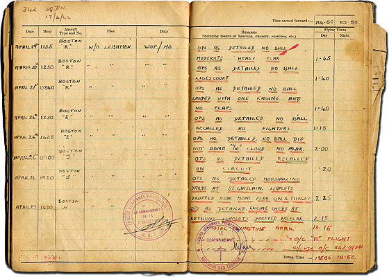 Pages from Bill's Wartime RAF flight log book