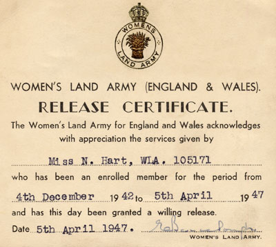 Nellie's Release Certificate from The Land Army 1947