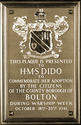 Plaque pesented to HMS Dido on her adoption by Bolton 1941